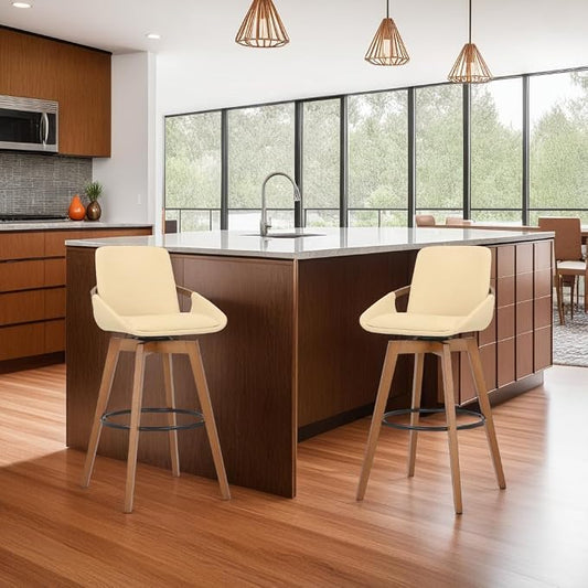 Armen Living Baylor Mid Century Modern Swivel Bar Stool for Kitchen Island Counter in Cream Faux Leather and Walnut Wood, 26" Seat Height
