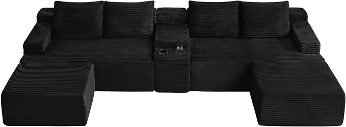 ivoros 140 Inch Modular Sectional Sofa Couch, Oversized Modern Cloud Couch for Living Room, U Shape Couches with 2 Ottomans and Cup Holders,Black Corduroy Boneless Sofas,Sofa in a Box