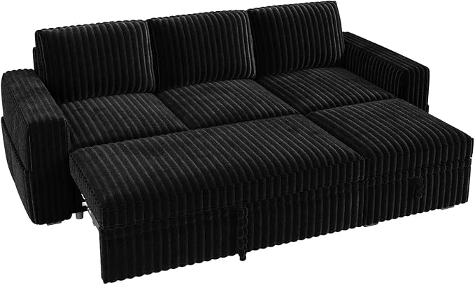 HONBAY Modular Sectional Sofa with Pull Out Bed,Corduroy L Shaped Sleeper Sofa with Storage, Sectional Couches for Living Room,Black