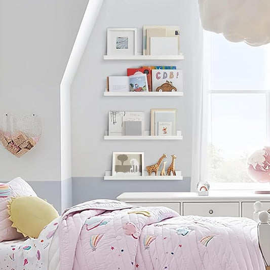 Forbena 24" Floating Nursery Book Shelves for Wall Set of 4 | Solid Wood | Lip Desigh | Wall Bookshelf for Kids Room Toddler Bedroom