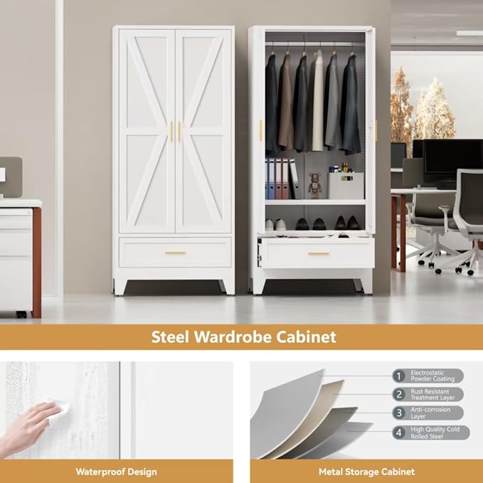 Metal Wardrobe Closet for Bedroom, 71" Freestanding Armoire Wardrobe with Drawer and Shelf, Hanging Rod Clothing Storage Cabinet with Two Doors, Tall Farmhouse Clothes Cabinet Bedroom Armoires
