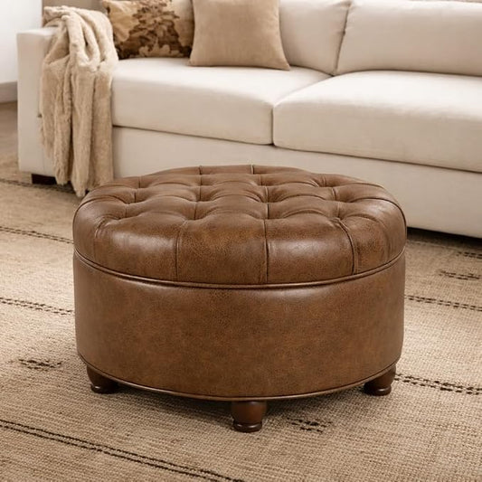 HomePop 25" Button Tufted Round Storage Ottoman - Brown Faux Leather