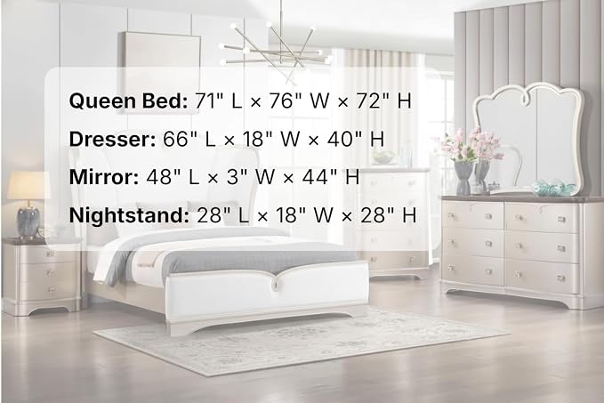 First of a Kind Rose Soft Champagne Finish Traditional 4 Piece Queen Bedroom Set with Upholstered Tufted Headboard Ornate European Style Coordinated Furniture Collection