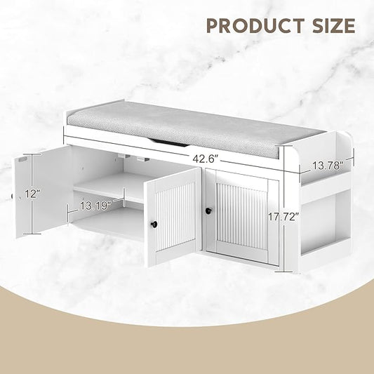 42.6" Entryway Shoe Storage Bench with Padded Seat, 3 Doors and Side Shelves, Lift Top Storage Bench for Shoes, Hallway, Bedroom, Living Room, White