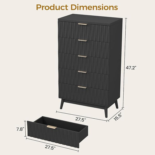 Dresser for Bedroom, 47" Wide 5 Drawer Dresser, Modern Wood Chest of Drawers for, Bedroom, Living Room, Entryway, Black