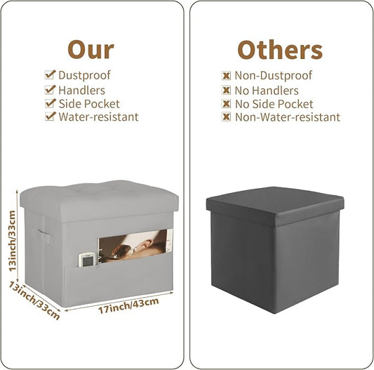 BelugaHelper Folding Storage Ottoman. Foot Rest Stool with Thicker Foam Padded Seat. 330 lbs Leather Ottoman with Storage Bench for Living Room, Bedroom, Home Office Table, 17x13x13in, Grey