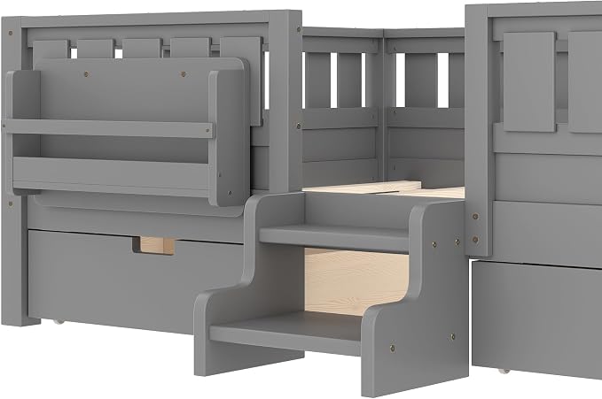 Bellemave Full Size Bed Frame with Storage Drawers & Bookshelf, Low Profile Kids Bed with Staircase & Full Length Guardrails, Solid Wood Full Size Bed Frame Kids with Slats Load 450 LBS, Grey