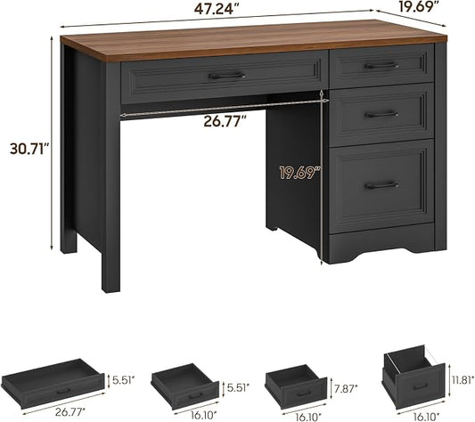 Vabches Farmhouse Executive Desk with Storage and Ample File Drawer, Rustic Large Home Writing Desk for Bedroom, Dark Brown