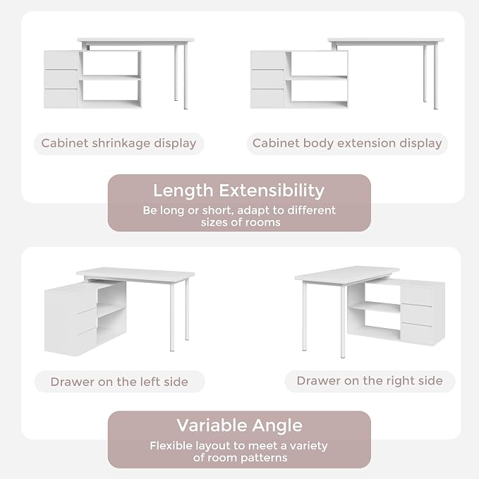 Home Office Computer Desk Corner Desk with 3 Drawers and 2 Shelves, 53-inch L-Shaped Study Desk with Storage, White