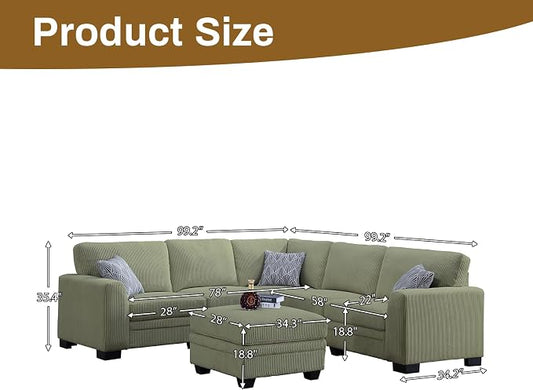 Legend Vansen U-Shaped Modular Sectional Sofa, Corduroy Couch with Ottoman, Deep Seat & Removable Cushion, 6-Seat Oversized Sofa, Easy Assembly for Living Room Apartment