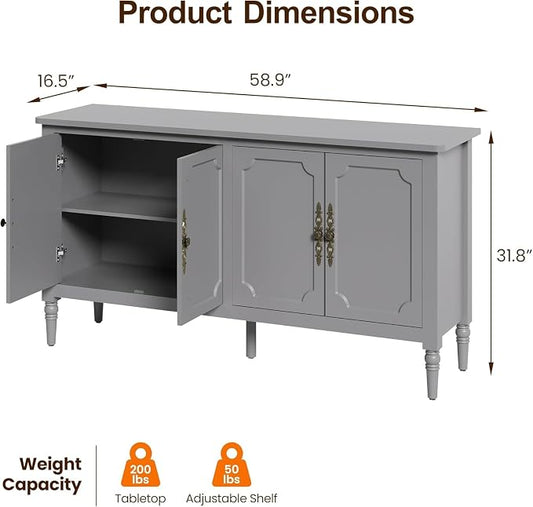 RoyalCraft 118" Buffet Cabinet with Storage, Vintage Sideboard with Adjustable Shelves, Mid Century Modern Painted Credenza Coffee Bar for Kitchen, Dining Room, Entryway, Living Room, Dove Gray