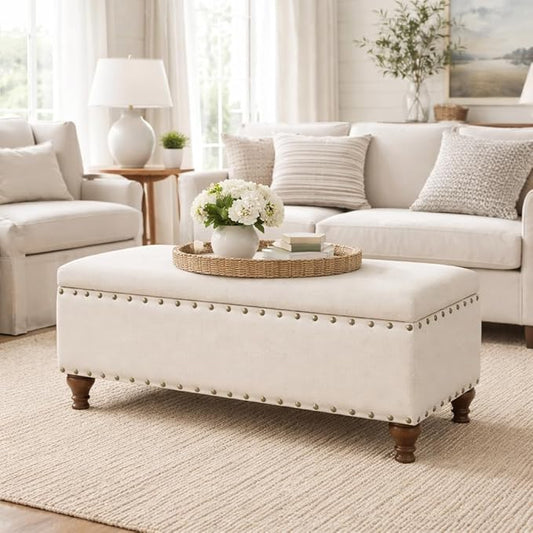 HomePop Large Storage Bench with Nailhead Trim - Cream