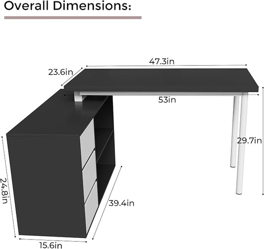 Home Office Computer Desk Corner Desk with 3 White Drawers and 2 Shelves, 53-inch L-Shaped Study Desk with Storage, Black + White