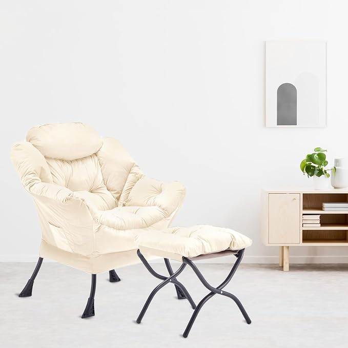 Youtanic Lazy Chair with Folding Ottoman, Accent Chair Velvet Upholstered with Metal Structure and Non-Slip Pads, Sofa Armchair with Footrest and Side Storage Bag for Dorm, Room, Office, Beige