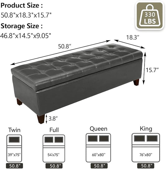 Joveco Storage Ottoman Bench, Tufted Leather 51 Inch Storage Bench for End of Bed Bedroom Living Room (51”, Dark Gray)