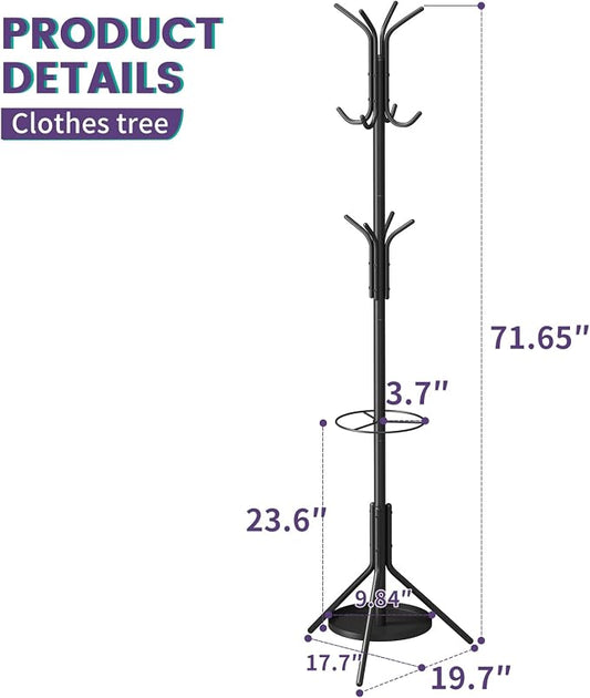Coat Rack Freestanding,Entryway Hanger Stand,Umbrella Holder,Hall Tree With 12 Hooks, Floor Standing Metal Tree Stand,Black