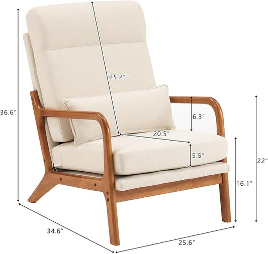 Karl home Accent Chair High Back Mid-Century Modern, Beige | Line Fabric Upholstered, Walnut Color Solid Rubber Wood Frame, Soft Cushion with Pillow, For Living Room, Bedroom, Balcony