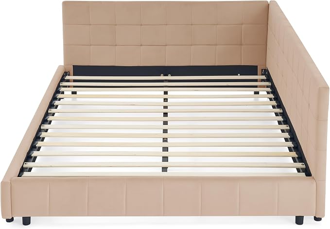 Bellemave Queen Size Corner Bed Frame with Comfortable Backrest and Armrests, Velvet Tufted Corner Bed Frame Queen Size, Upholstered Daybed for Bedroom, Living Room, Guest Room, Pink