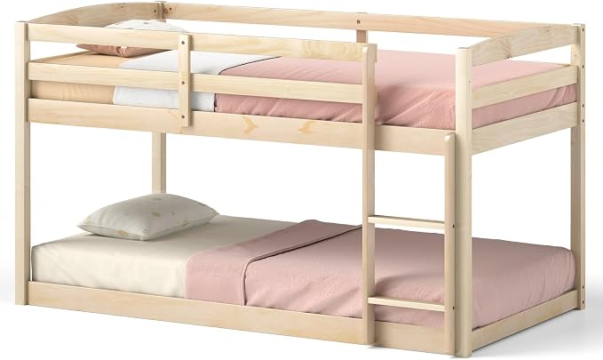MAT EXPERT Bunk Bed Twin Over Twin, Low Wood Bunk Bed Frame w/Safety Guardrails, Ladder & Slats, Floor Platform Twin Bunk Beds for Kids Toddlers, for Dorm Bedroom, No Box Spring Needed (Natural)