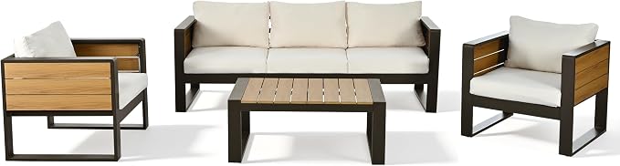 4-Piece Patio Conversation Set, Aluminum Frame Outdoor Patio Furniture Set w/ 3-Seater Sofa, 2 Armchairs with Fold-Out Side Tables, Coffee Table, All-Weather Sectional Sofa Set for Garden Backyard