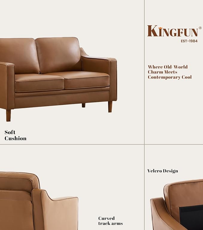 Kingfun 60" Faux Leather Sofa, Loveseat Couch, Mid Century Modern Love Seat Couches with Solid Wood Frame for Living Room Bedroom