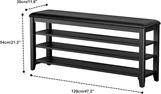 Shoe Rack Bench Entryway Storage with Leather Cushion, Shoe Organizer Bench for Entryway, Ideal for Front Doors Entrances Hallway Mudroom Featuring Rubberwood And 3 Height-Adjustable Removable Shelve