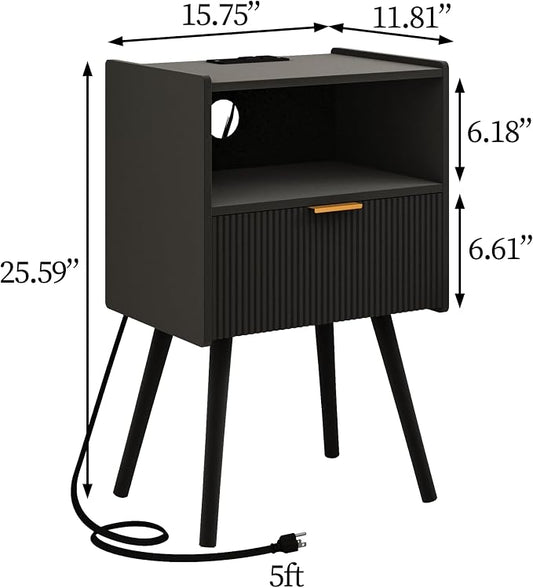 JOONEE Black Nightstand with Outlet,Modern Bedside Table with Storage Drawer and Open Wood Shelf, for Living Room, Bedroom and Small Spaces, Accent Night Stand with Solid Wood Legs, Easy Assembly