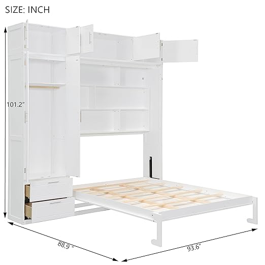 Murphy Bed Queen Size,Murphy Bed with Top Cabinet and Shelves,Space-Saving Multifunctional Hideaway Wall Foldable Bed w/Slat Support,Bedroom Folding Bedframe for Guest Room,White