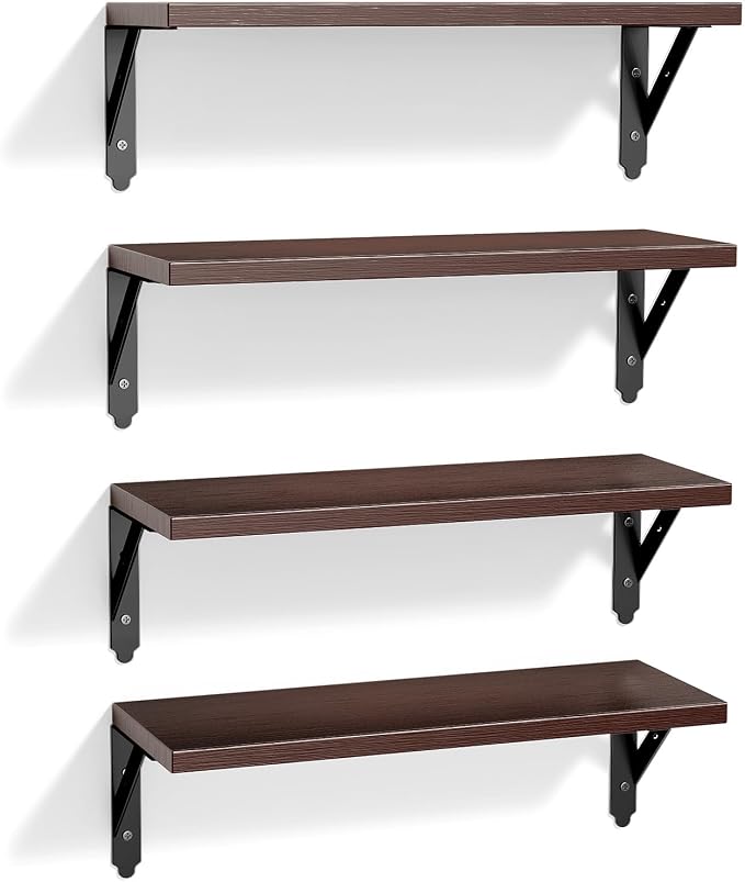 ROMGUAR CRAFT Wood Floating Shelves Set of 4, Rustic Storage Decor Wall Shelves, Wall Mounted Shelf for Living Room, Bedroom 17" x 6", Brown