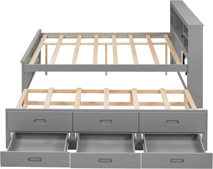 Merax Full Size Platform Bed with Storage Headboard, USB, Wood Bedframe with Twin Size Trundle and 3 Drawers, Grey