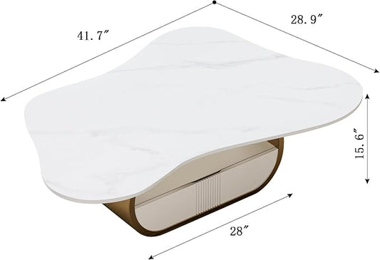 41.7 Inch Marble Coffee Table with Storage Drawer, Modern Butterfly Design, Sintered Stone Top and Gold Stainless Steel Base for Living Room, Scratch Resistant and Easy Assembly