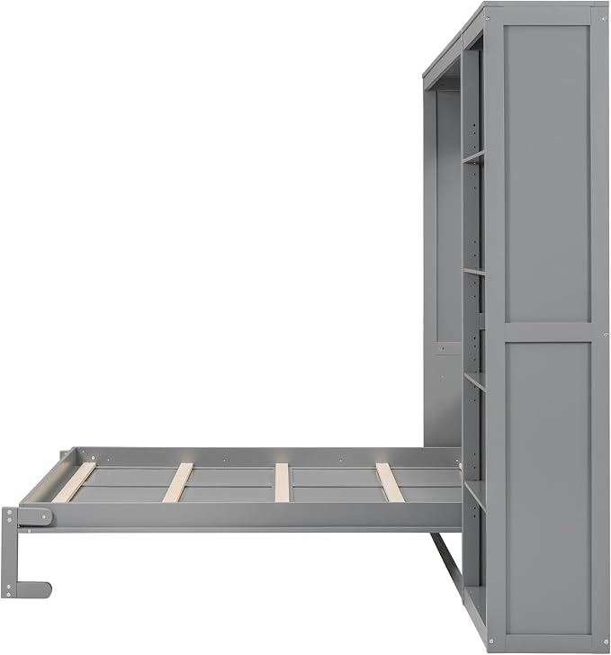 Merax Space-Saving Gray Murphy Bed Full Size with Adjustable Storage Shelves, Multifunctional Foldable Wall Bed for Small Spaces Studio Study Office Guest Room