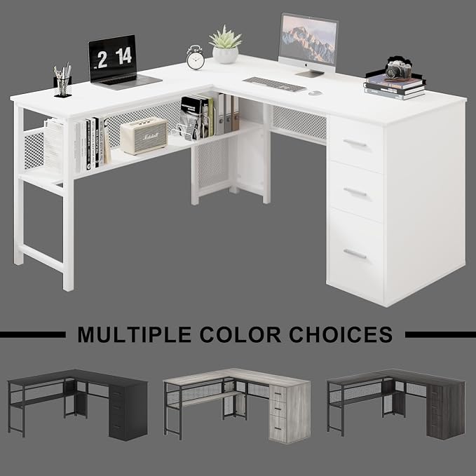 LVB Reversible L Shaped Desk with Drawers, White Computer Desk with Storage | 59" Adjustable Modern Executive Office Desks, Adjustable Corner Design for Gaming Spaces and Home Workstations