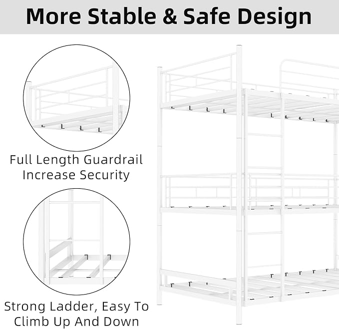 Triple Bunk Bed, Heavy Duty Twin Over Twin Over Twin Metal Bunkbeds with Guardrails, Ladder, 3 Bunk Beds, Bedroom, No Box Spring Needed, Easy Assembly,White