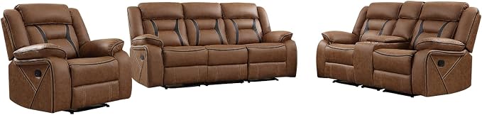 EBELLO Faux Leather Recliner Sofa Furniture Set for Living Room, Recliner Chair, Manual Loveseat, 3 Seat Recliniing Sofa Couch Set for Meeting Room, Brown