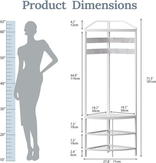 GiftGo Corner Hall Tree with Shoe Bench Entryway Coat Rack with 10 Metal Movable Hooks Freestanding Clothes Rack Shoes Shelf Organizer for Home Office Bedroom (White)