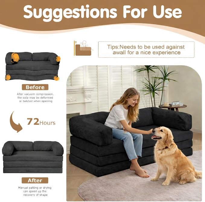 Convertible Sofa Bed Full,5-in-1 Tri-Fold Boneless Couch with Removable Armrests & Handle,Corduroy Futon Sleeper Sofa,Floor Folding Mattress Pull Out Bed for Small Space Apartment Bedroom Black