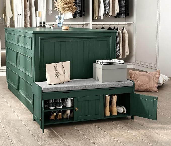 HOMEFORT 41.3" Shoe Bench with Lift Top Storage, Entryway Bench with Cushioned Seat, Wooden End of Bed Bench, Shoe Cabinet Bench with Hidden Storage Space, for Bedroom, Hallway,Green