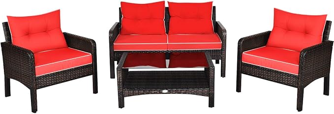 Tangkula 4 Piece Patio Furniture Set, Outdoor Wicker Conversation Set with Glass Top Coffee Table, All Weather Proof and Thick Cushions, Suitable for Porch, Garden, Poolside and Lawn (Red)