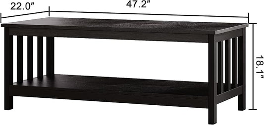 ChooChoo Mission Coffee Table, Black Wood Living Room Table with Shelf, 47 inch