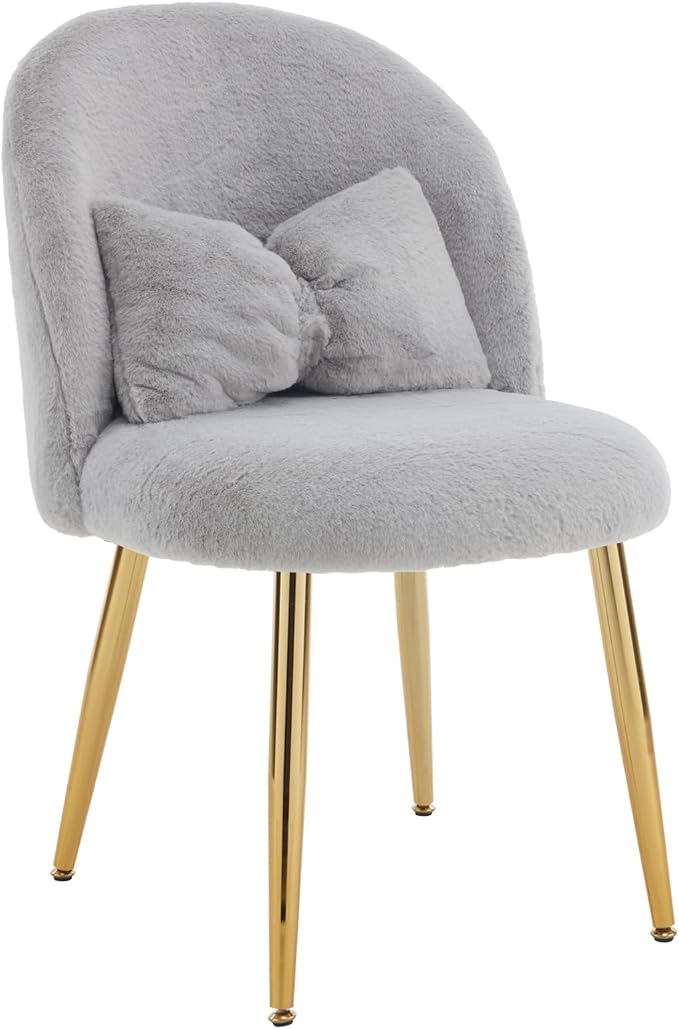 VINGLI Fluffy Girls Vanity Chair with Back & Pillow,Cute Small Cozy Desk Chair No Wheels,Comfy Makeup Ch with Ajustable Gold Legs,for Bedroom,Living Room,Small Space,Grey