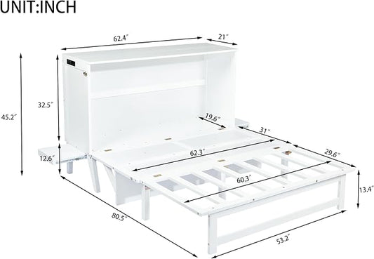 PVWIIK Queen Size Murphy Bed with Desk and Removable Shelves on Each Side,Solid Pine Cabinet Bedframe for Home Office, Guest Room,Multifunctional Bed,White