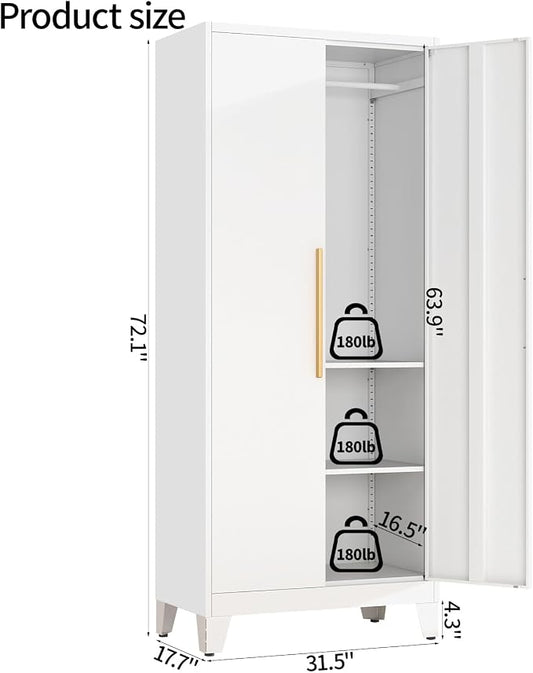 72" Tall Metal Armoire Wardrobe Closet - Large Clothing Storage Cabinet with 1 Hanging Rod,2 Adjustable Shelves & 2 Doors - Closet Organizer for Bedroom,Office, Laundry Room, Garage - White