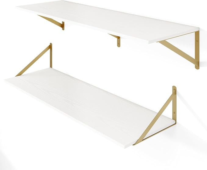 Heimlove Deep Floating Shelves for Wall, 36W x 12D Wood Wall Shelves Set of 2, Wide Floating Bookshelf for Living Room, Kitchen, Office, Bedroom and Decor Storage, with Golden Bracket - White & Gold