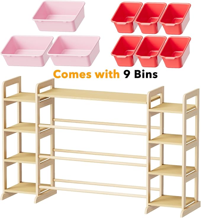 SpaceAid Large Toy Storage Organizer 9 Shelves 9 Bins, Toy Organizers Storage Bookshelf, Kids Bin Shelf Toys Box Bookcase for Bedroom Playroom Organization Room Decor, Red and Pink