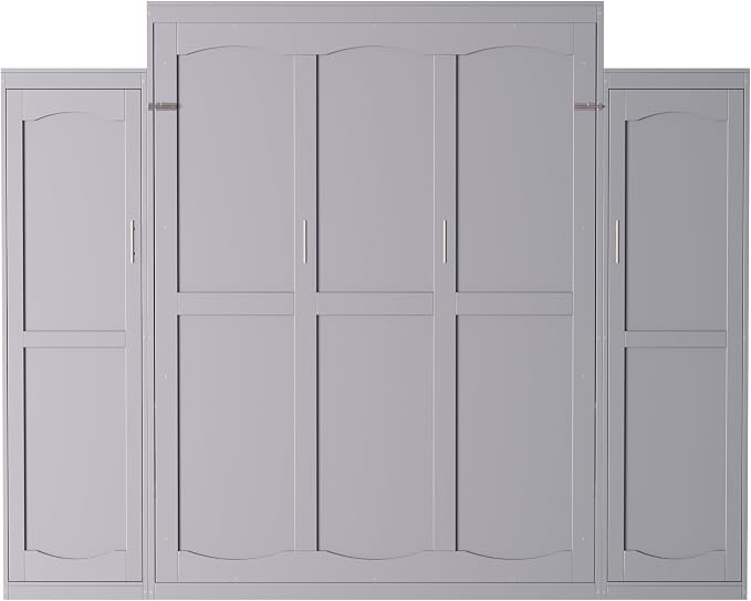 Merax Queen Size Wood Murphy Bed, with 2 Wardrobe and Storage Shelf, Multifunctional Foldable Wall Platform Bedframe for Guest-Room, Bedroom, Gray