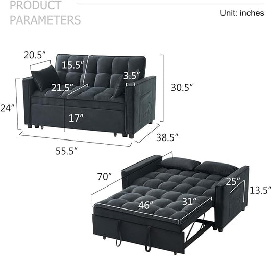 Velvet Pull Out Couch Bed & Sleeper Sofa, 3-in-1 Convertible Sofa Bed with Adjustable Backrest, Storage Pockets, Armrests & Pillows for Small Spaces (Black)