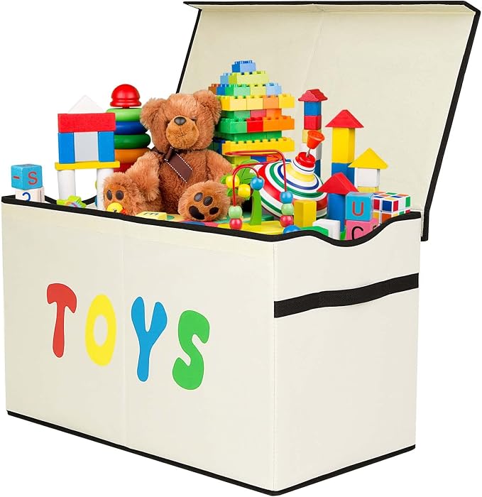 YOLOXO Toy Box Chest, Collapsible Sturdy Storage Bins with Lids, Extra Large Kids Toy Storage Organizer Boxes Bins Baskets for Kids, Boys, Girls, Nursery Room, Playroom, Closet (New Beige)