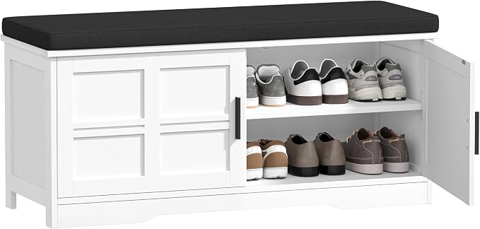Akxomel Shoe Bench with Storage, 39.4" Entryway Bench with Padded Cushion, 2-Tier Shoe Cabinet Bench with Adjustable Shelves and 2 Cross Molding Doors, for Hallway, Living Room, Bedroom, White