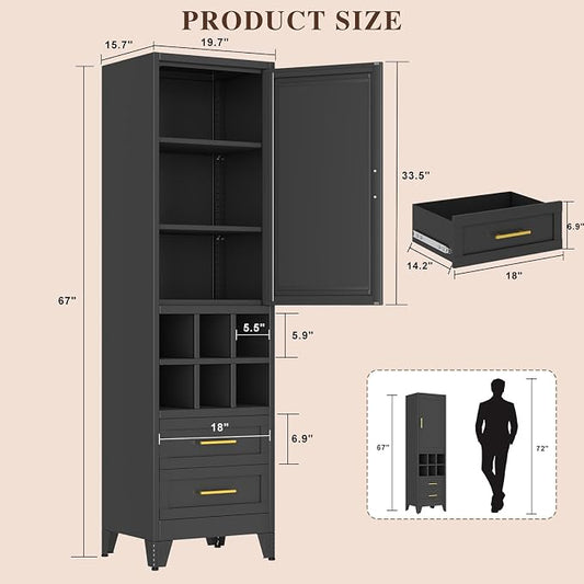 Tall Metal Narrow Storage Cabinet 67" H with 2 Drawer,Black Kitchen Pantry Cabinets with 2 Adjustable Shelves and Door,Cuby Storage Orgainzer,Tall Bathroom Cabinet for Kitchen, Home Office,Dining Room